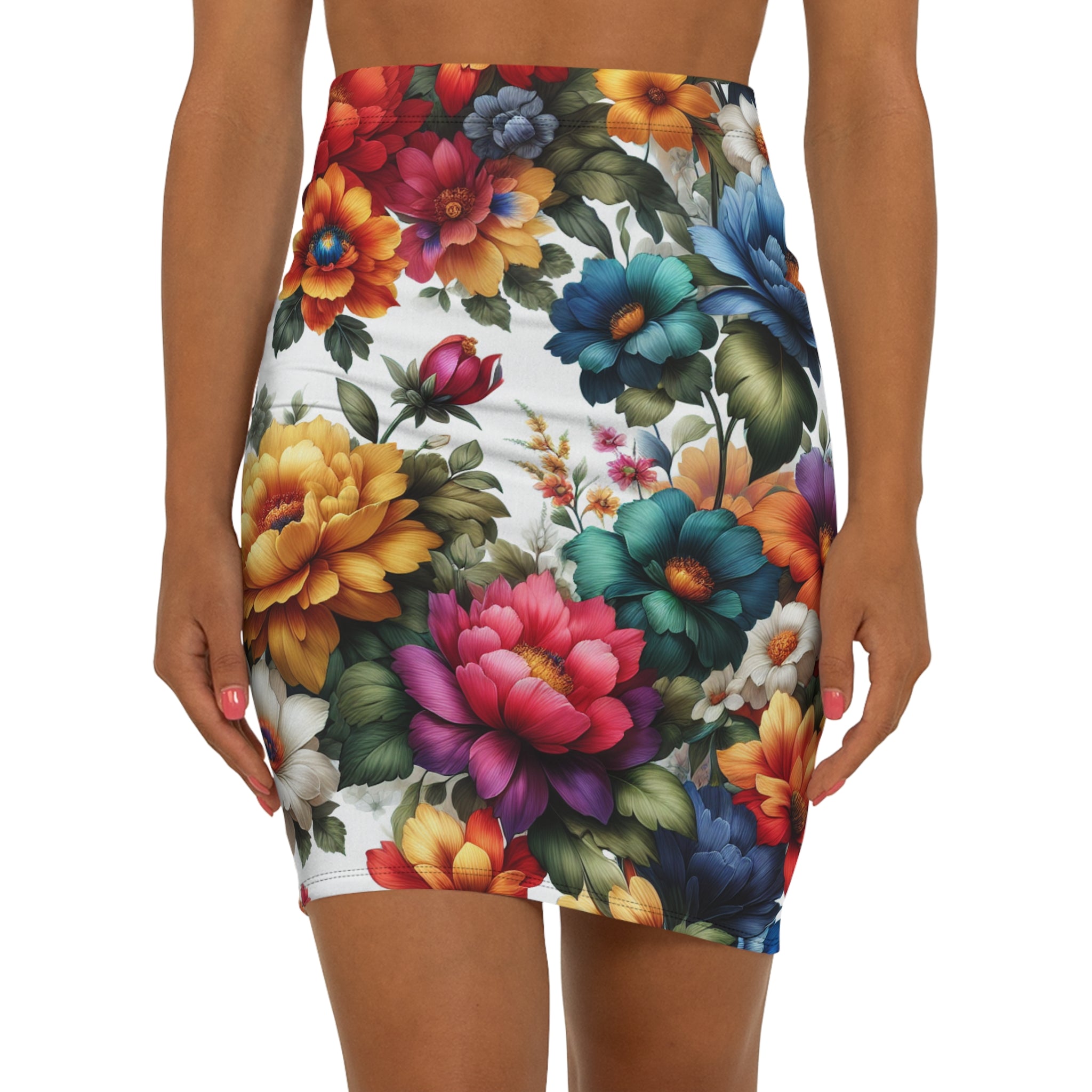 Women's Floral AOP Pencil Skirt, Mid-Waist Skirt, Spring Fashion, Garden Party Attire, Vibrant Floral Design, Stylish Office Wear