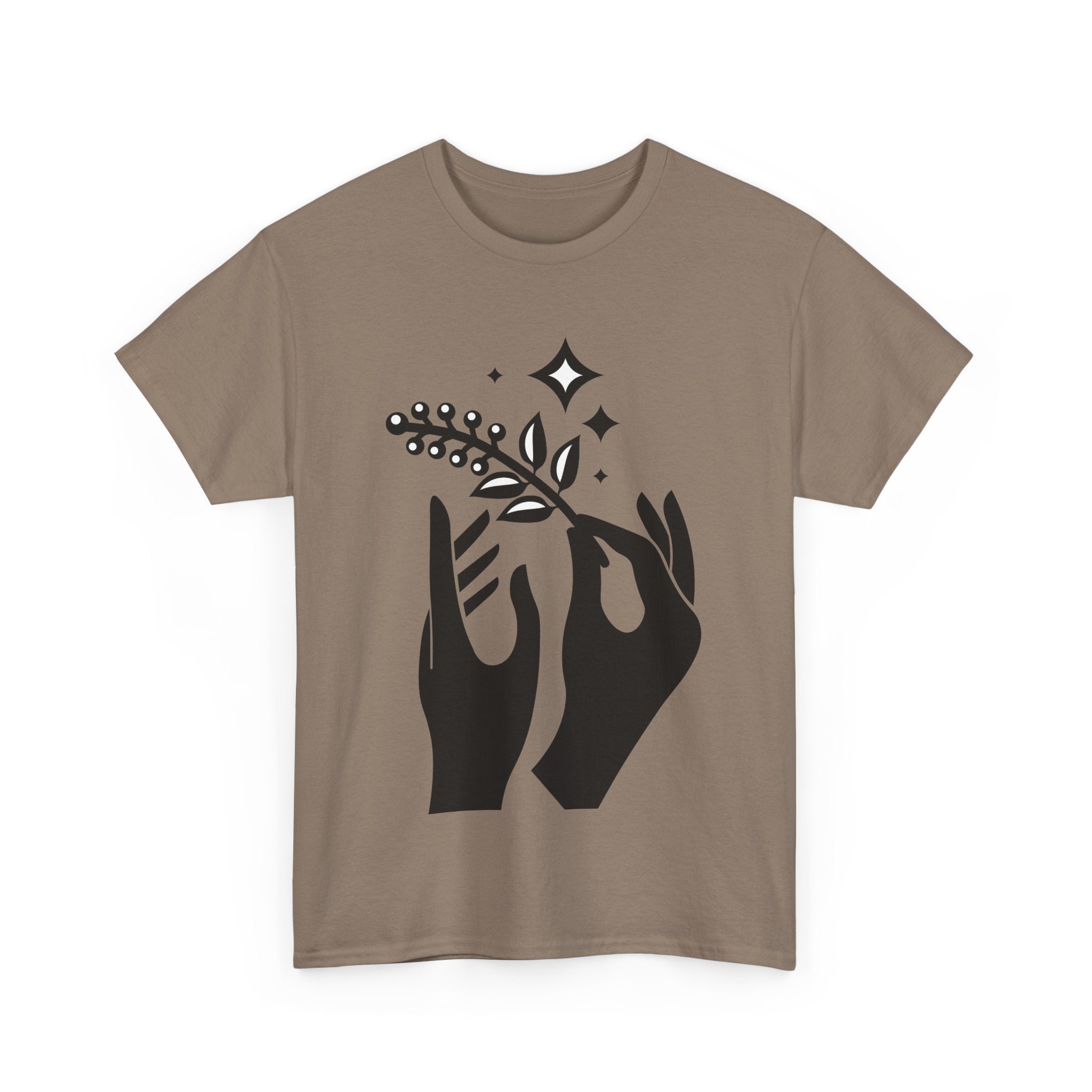 Stylish Unisex Heavy Cotton Tee with Hands and Nature Design, Casual Wear, Boho Style, Gift for Him or Her, Summer Essential